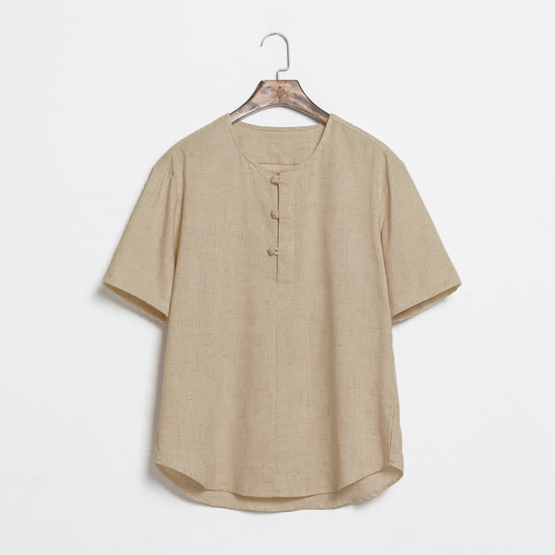 Nimara Ritual Summer Casual Tang Style Frog Button Solid Men's Short Sleeve Shirts