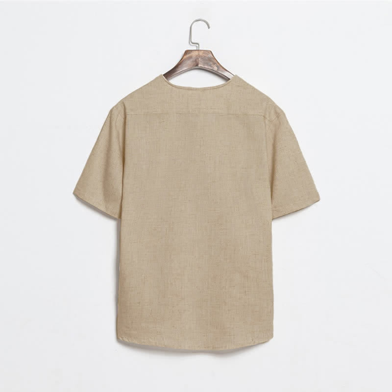 Nimara Ritual Summer Casual Tang Style Frog Button Solid Men's Short Sleeve Shirts