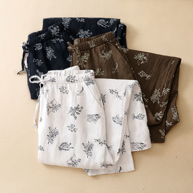 Nimara Ritual Summer Casual Vintage Drawstring Floral Ankle Pants Women's Wide Leg Pants With Pocket