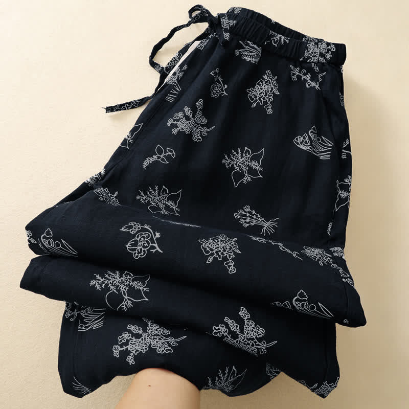 Nimara Ritual Summer Casual Vintage Drawstring Floral Ankle Pants Women's Wide Leg Pants With Pocket