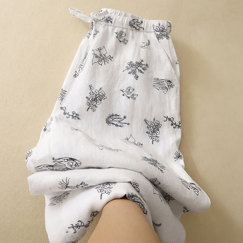 Nimara Ritual Summer Casual Vintage Drawstring Floral Ankle Pants Women's Wide Leg Pants With Pocket