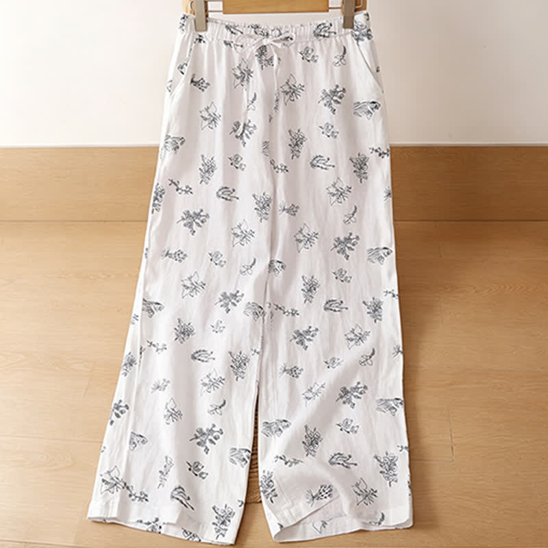 Nimara Ritual Summer Casual Vintage Drawstring Floral Ankle Pants Women's Wide Leg Pants With Pocket