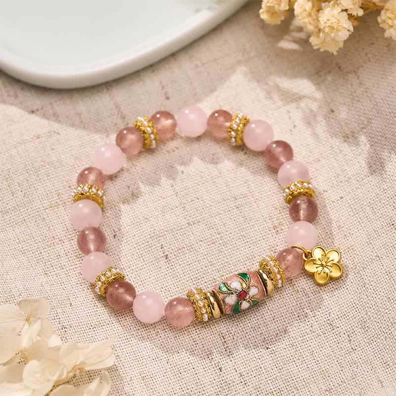 Nimara Ritual Natural Strawberry Quartz Rose Quartz Enamel Flowers Pendant Love Round Polished Bead Bracelet