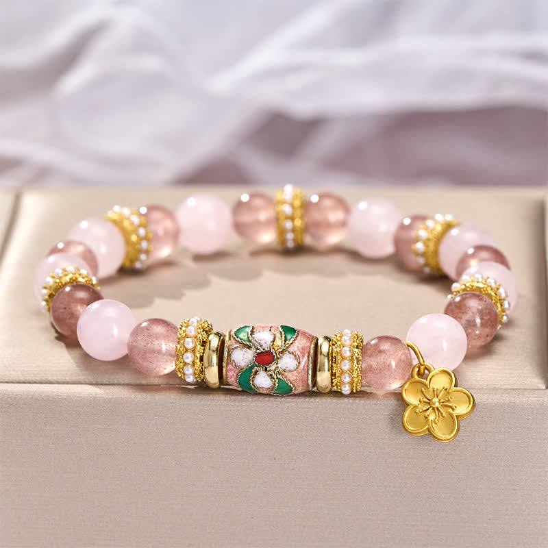 Nimara Ritual Natural Strawberry Quartz Rose Quartz Enamel Flowers Pendant Love Round Polished Bead Bracelet