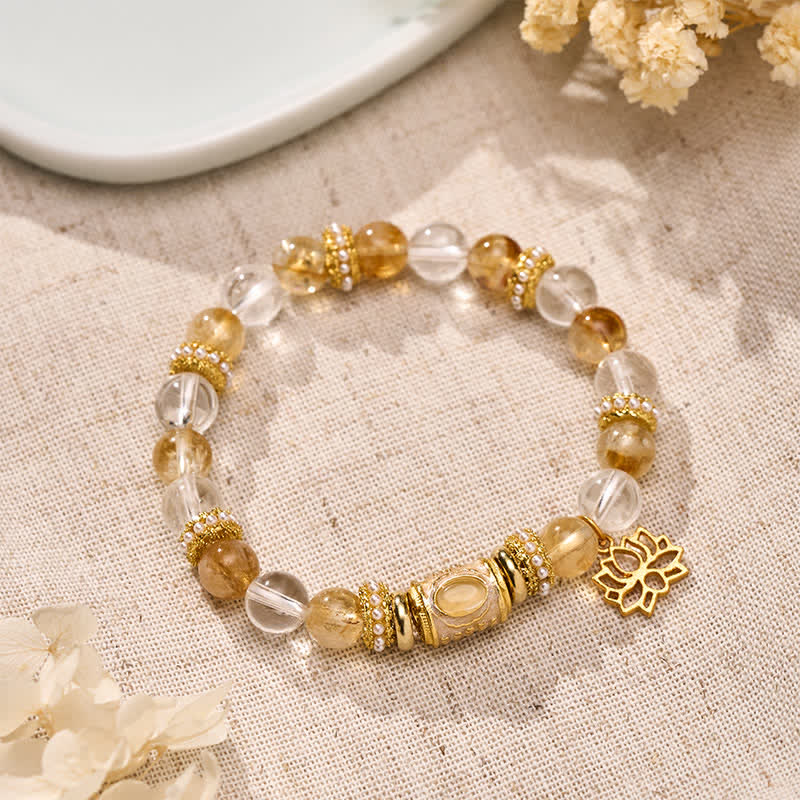 Nimara Ritual Citrine Clear Quartz Enamel Barrel Bead Lotus Round Bead Bracelet