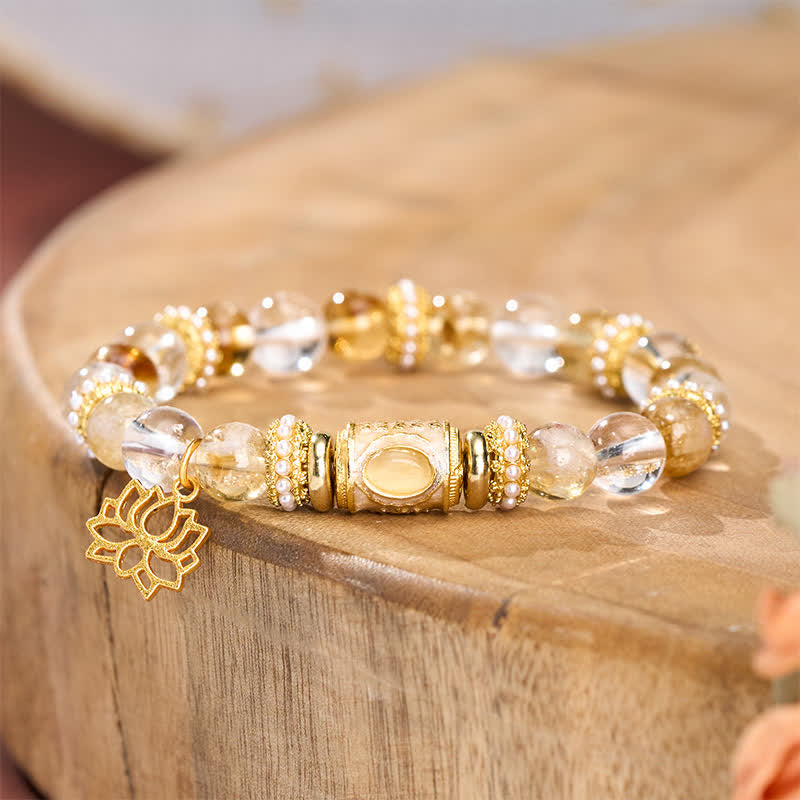 Nimara Ritual Citrine Clear Quartz Enamel Barrel Bead Lotus Round Bead Bracelet