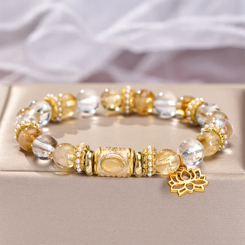 Nimara Ritual Citrine Clear Quartz Enamel Barrel Bead Lotus Round Bead Bracelet