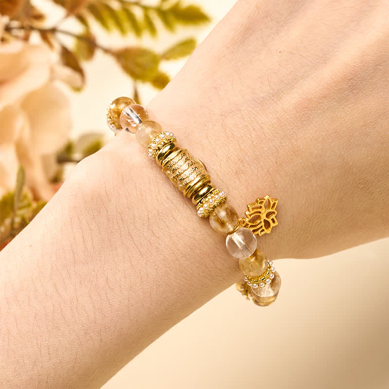 Nimara Ritual Citrine Clear Quartz Enamel Barrel Bead Lotus Round Bead Bracelet