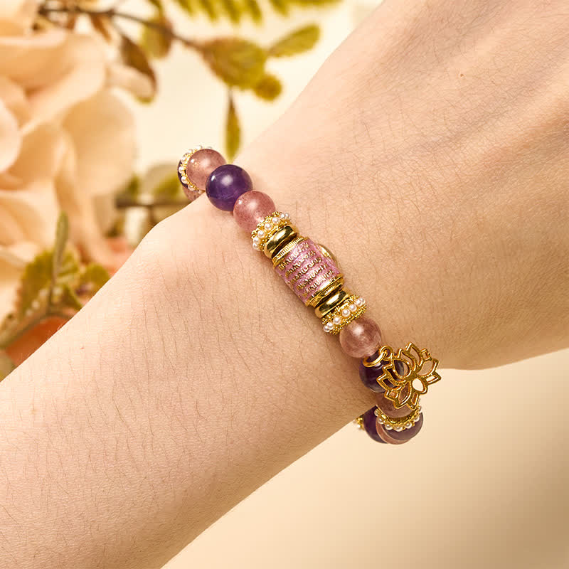 Nimara Ritual Natural Amethyst Strawberry Quartz Enamel Barrel Bead Lotus Pendant Calm Hand Polished Round Bead Bracelet