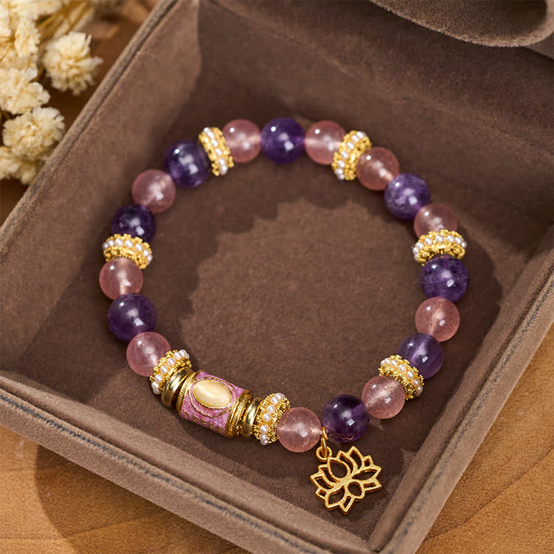 Nimara Ritual Natural Amethyst Strawberry Quartz Enamel Barrel Bead Lotus Pendant Calm Hand Polished Round Bead Bracelet