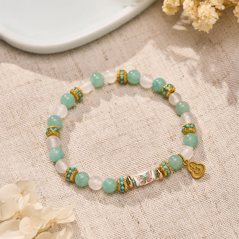 Nimara Ritual Amazonite White Agate Enamel Barrel Bead Butterfly Hand Polished Round Bead Bracelet
