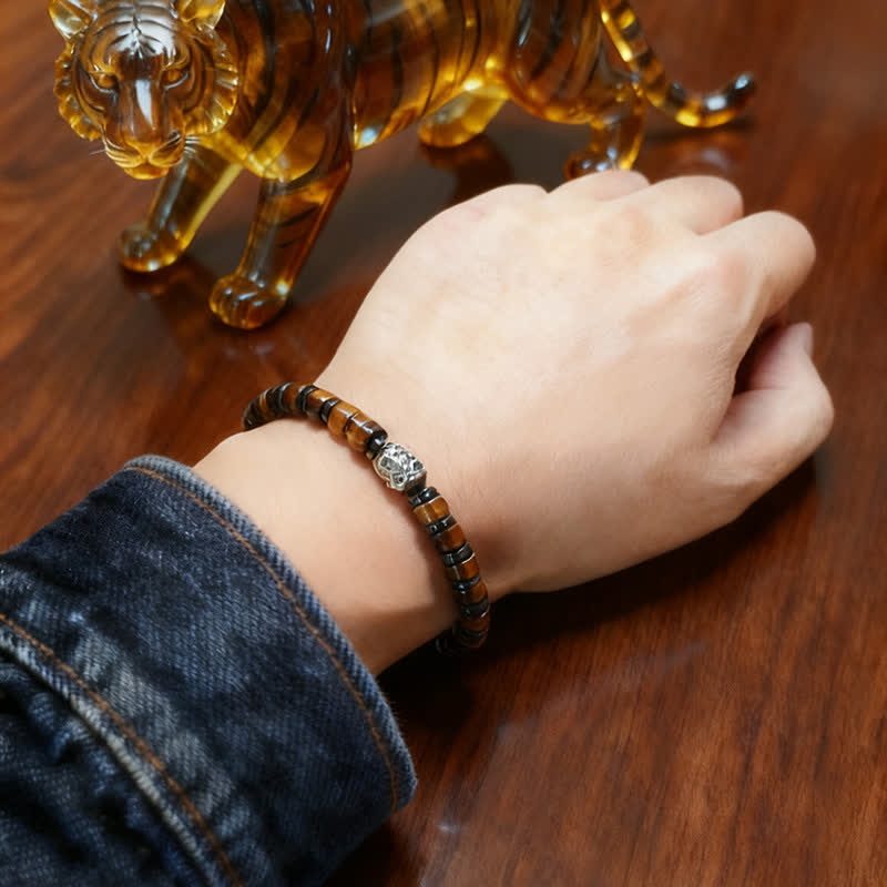 Nimara Ritual Natural Tiger Eye Antique Silver Lion Confidence Bead Bracelet