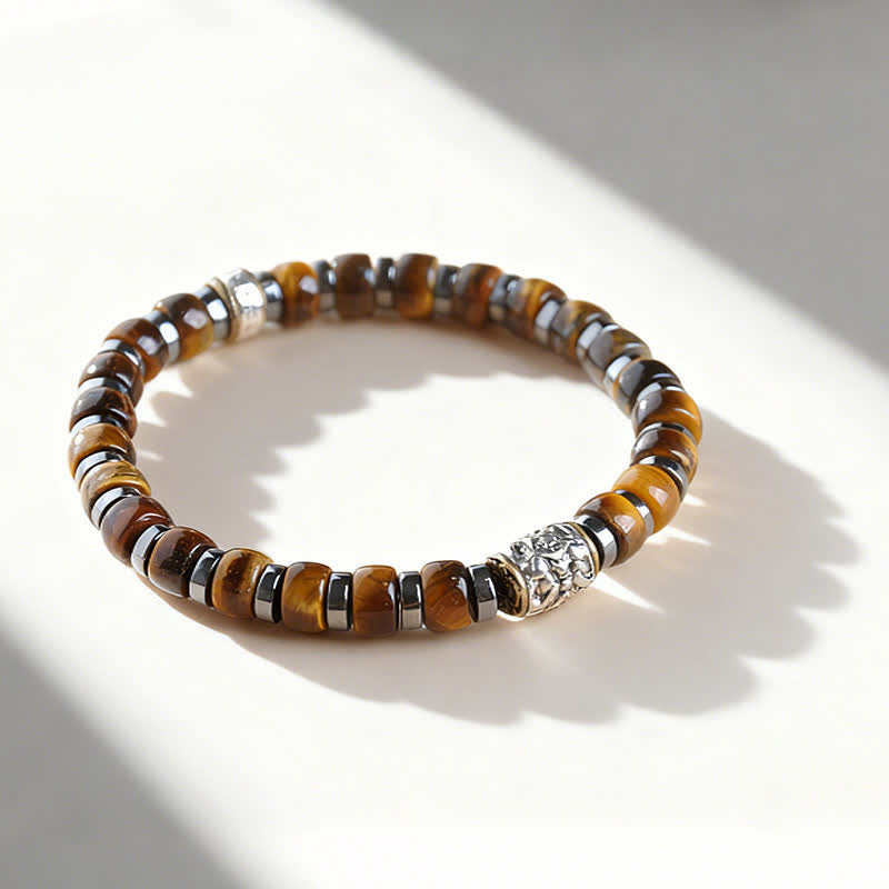Nimara Ritual Natural Tiger Eye Antique Silver Lion Confidence Bead Bracelet