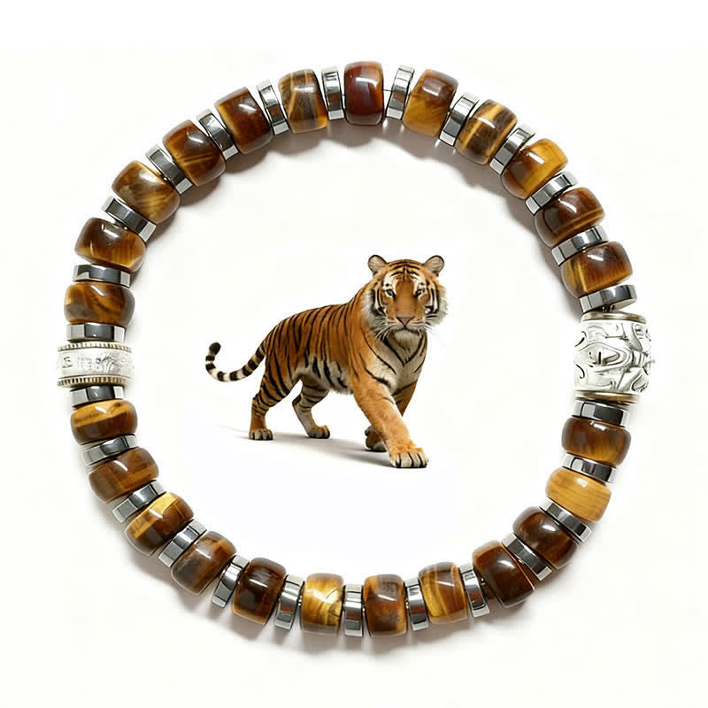 Nimara Ritual Natural Tiger Eye Antique Silver Lion Confidence Bead Bracelet