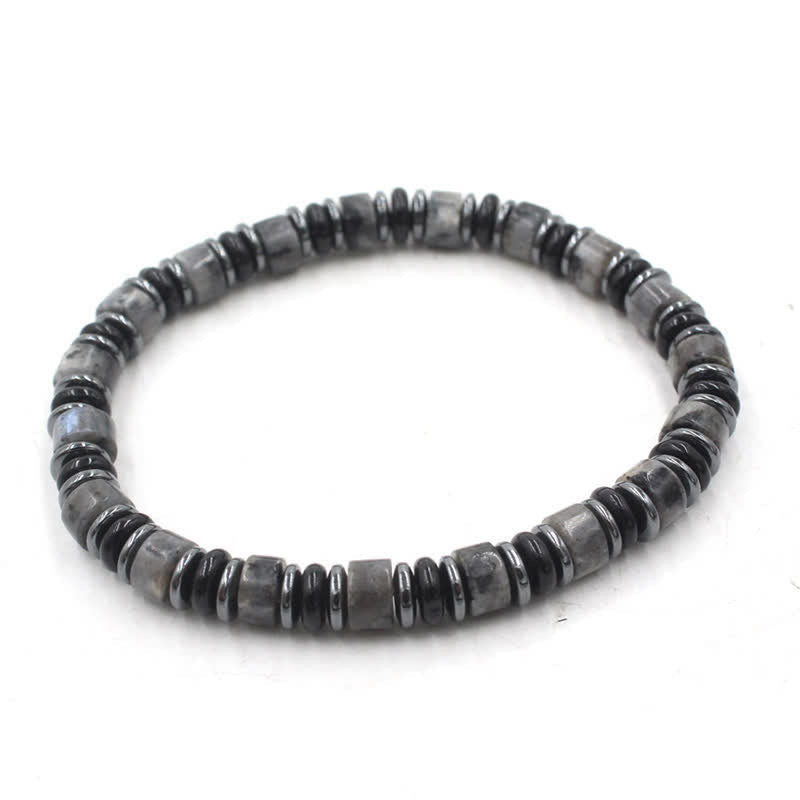 Transformation and Strength Black Obsidian Hematite Ethnic Flat Bead Bracelet