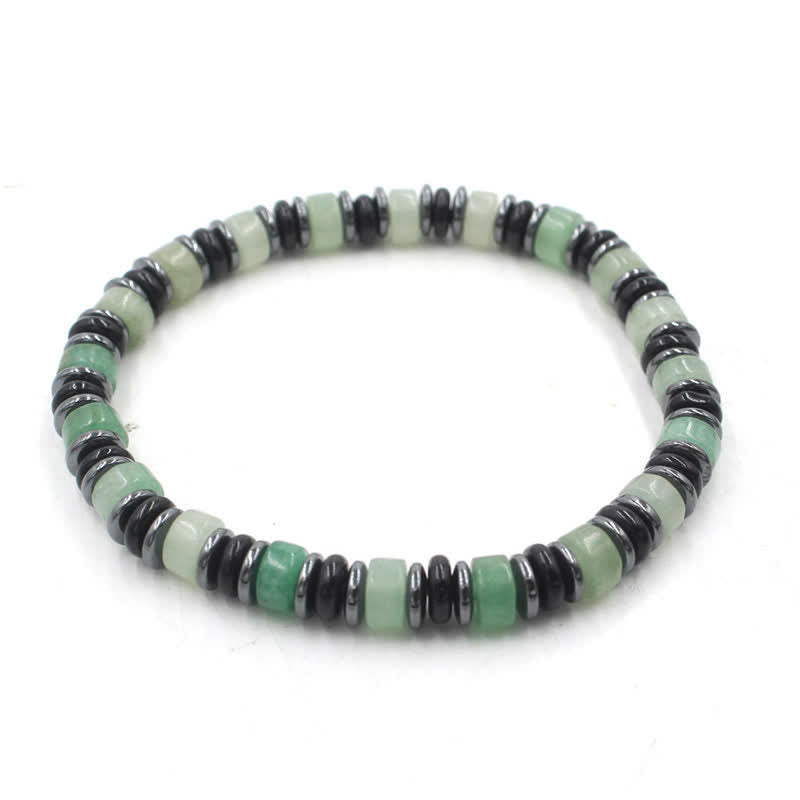 Transformation and Strength Black Obsidian Hematite Ethnic Flat Bead Bracelet