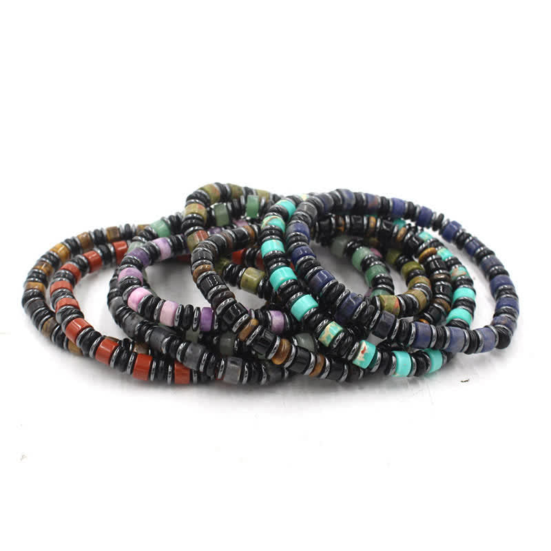 Transformation and Strength Black Obsidian Hematite Ethnic Flat Bead Bracelet