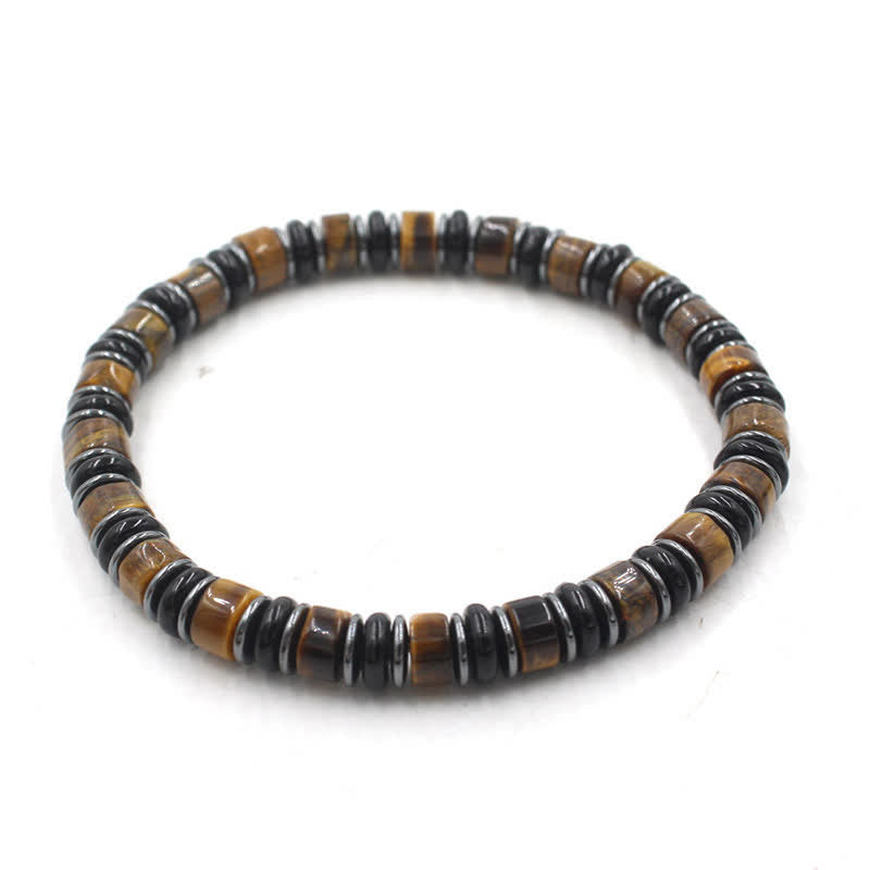 Transformation and Strength Black Obsidian Hematite Ethnic Flat Bead Bracelet