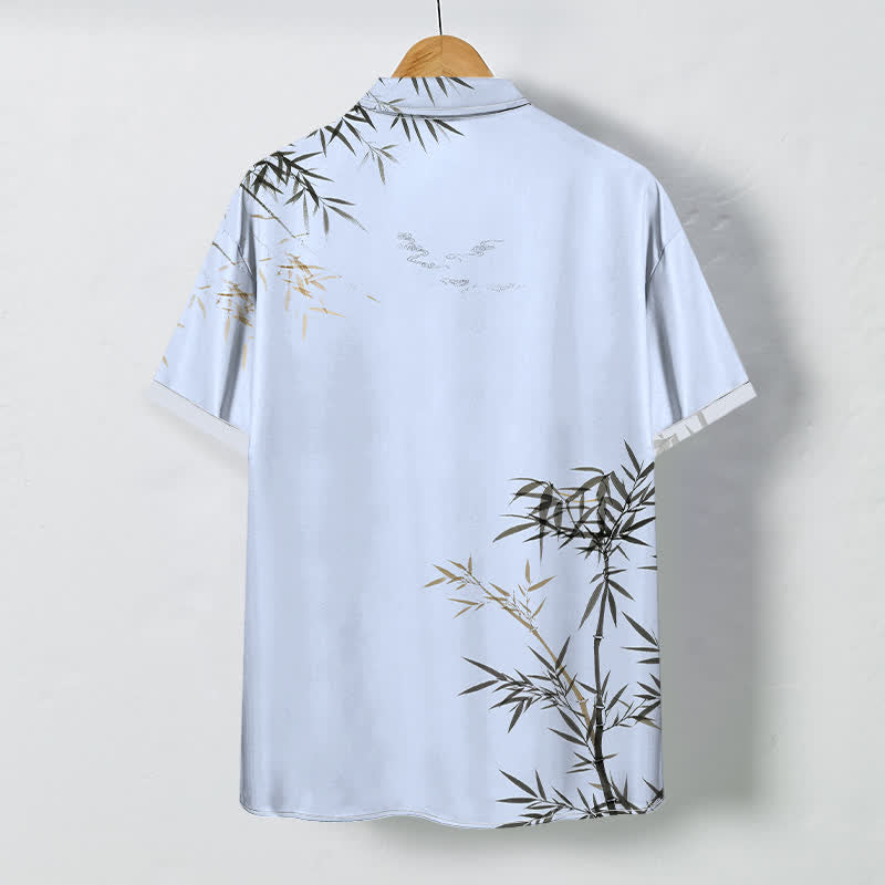 Nimara Ritual Ink Bamboo Leaf Pattern Buttons Wrinkle-resistant Men's Short Sleeve Shirt
