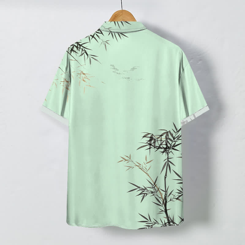 Nimara Ritual Ink Bamboo Leaf Pattern Buttons Wrinkle-resistant Men's Short Sleeve Shirt