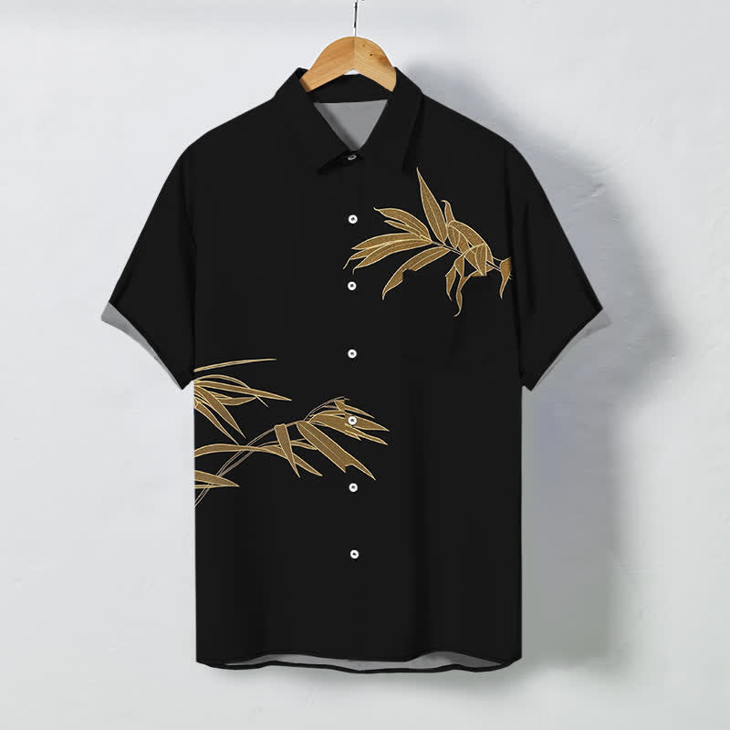 Nimara Ritual Golden Bamboo Leaf Pattern Buttons Breathable Men's Short Sleeve Shirt