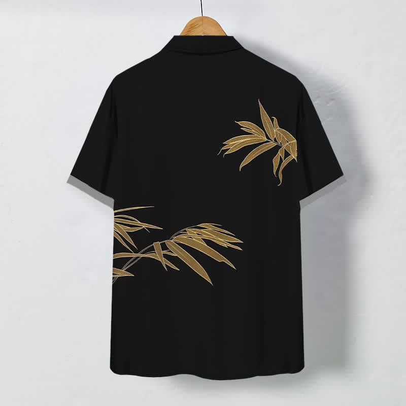 Nimara Ritual Golden Bamboo Leaf Pattern Buttons Breathable Men's Short Sleeve Shirt