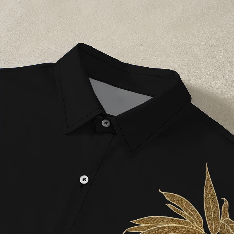 Nimara Ritual Golden Bamboo Leaf Pattern Buttons Breathable Men's Short Sleeve Shirt