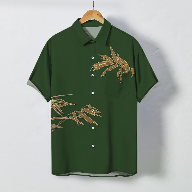 Nimara Ritual Golden Bamboo Leaf Pattern Buttons Breathable Men's Short Sleeve Shirt