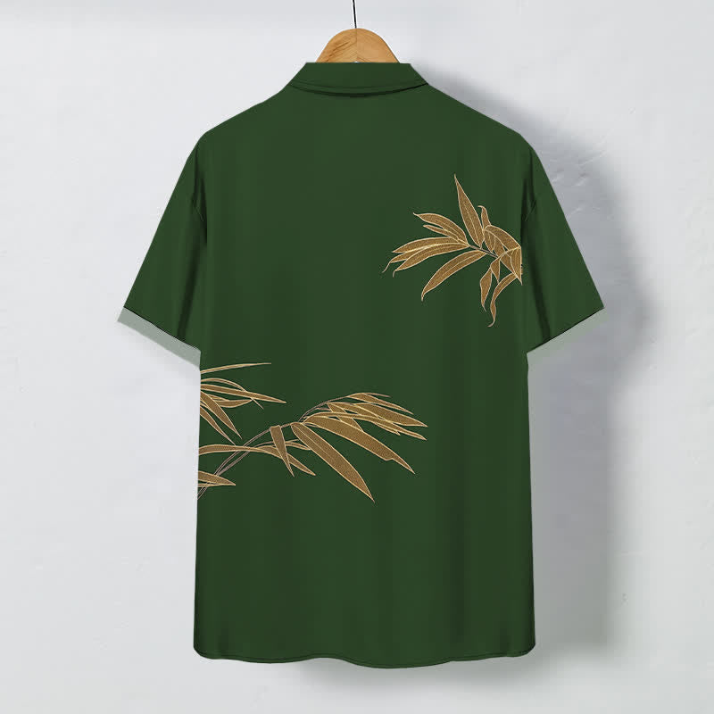 Nimara Ritual Golden Bamboo Leaf Pattern Buttons Breathable Men's Short Sleeve Shirt