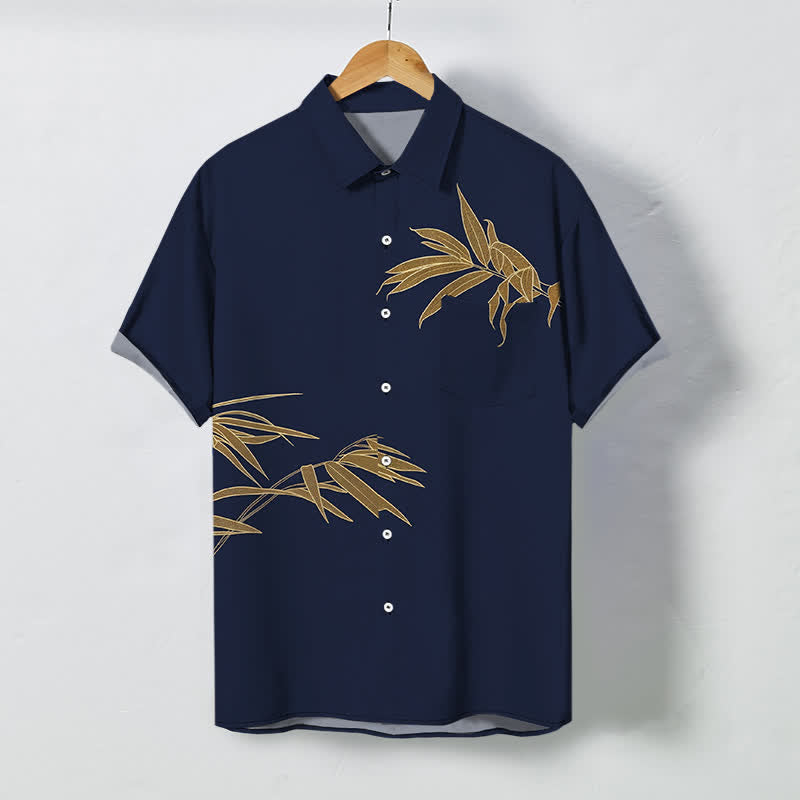 Nimara Ritual Golden Bamboo Leaf Pattern Buttons Breathable Men's Short Sleeve Shirt