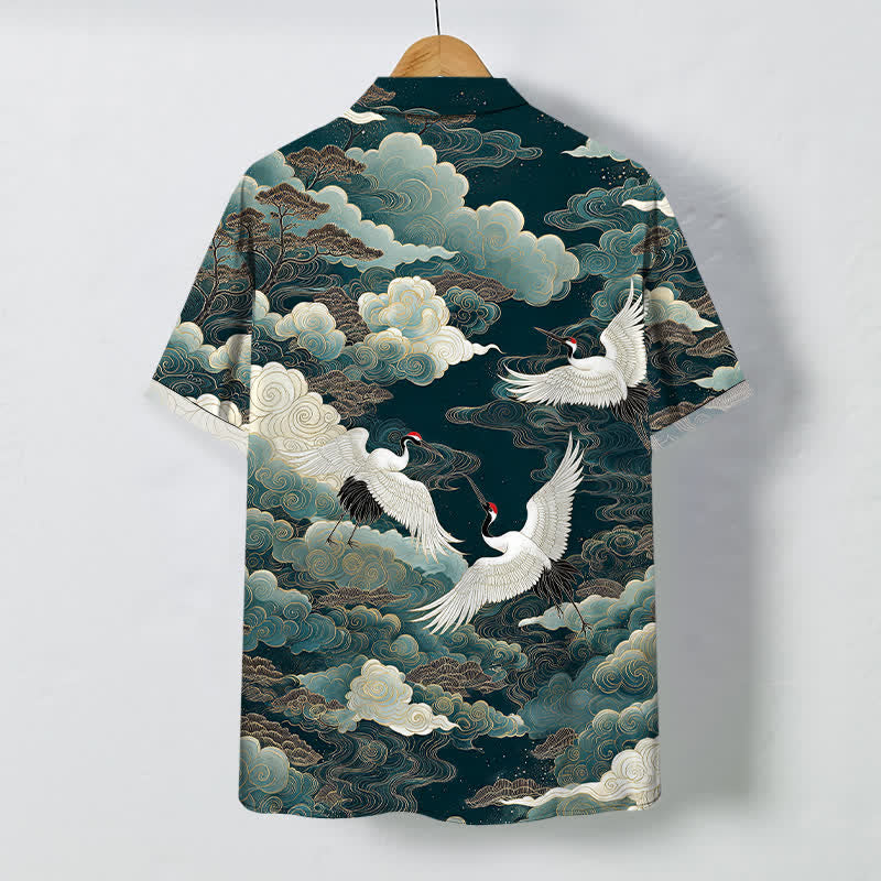 Nimara Ritual Oriental Crane Cloud Wave Pattern Buttons Breathable Men's Short Sleeve Shirt