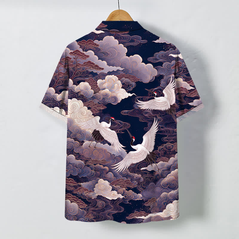 Nimara Ritual Oriental Crane Cloud Wave Pattern Buttons Breathable Men's Short Sleeve Shirt