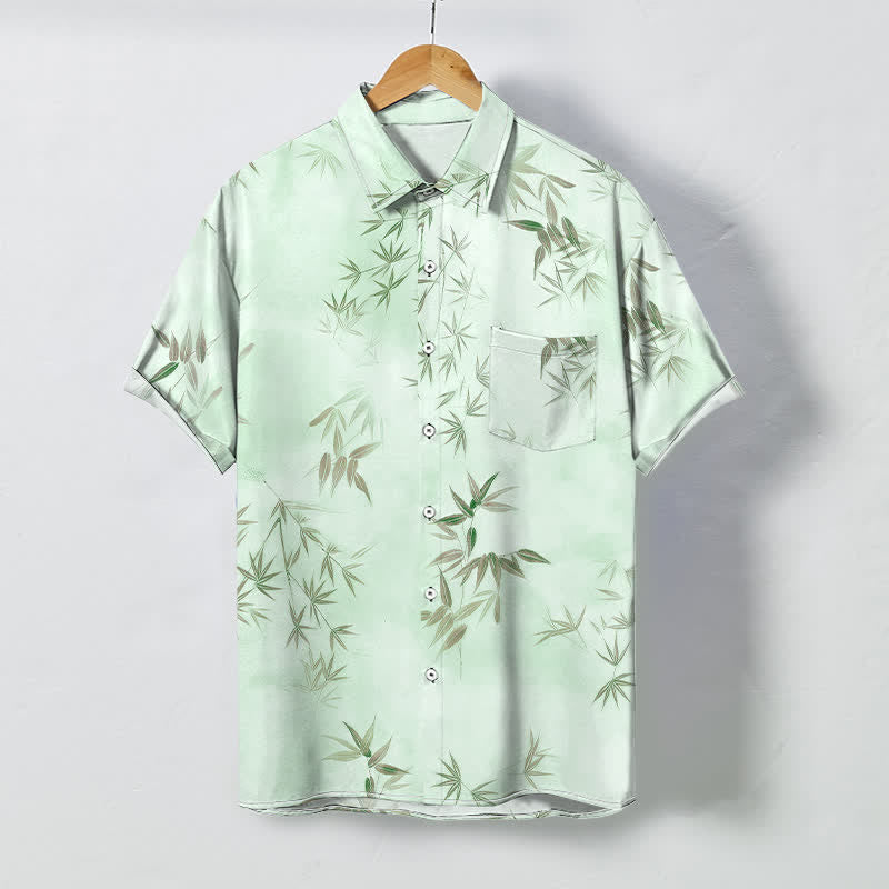 Nimara Ritual Bamboo Leaf Pattern Buttons Wrinkle-resistant Men's Short Sleeve Shirt