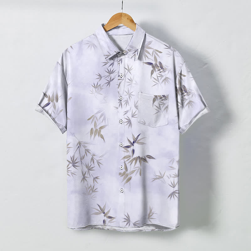 Nimara Ritual Bamboo Leaf Pattern Buttons Wrinkle-resistant Men's Short Sleeve Shirt