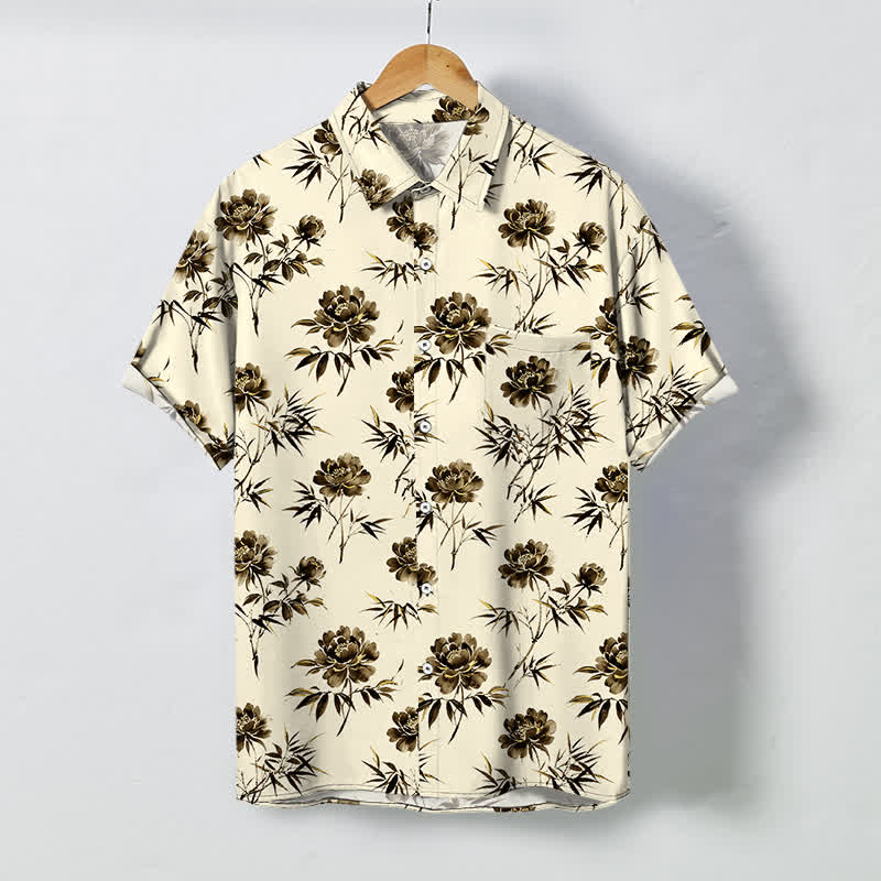 Nimara Ritual Tropical Floral Leaf Pattern Buttons Breathable Men's Short Sleeve Shirt