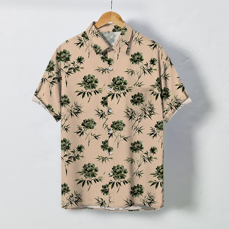 Nimara Ritual Tropical Floral Leaf Pattern Buttons Breathable Men's Short Sleeve Shirt