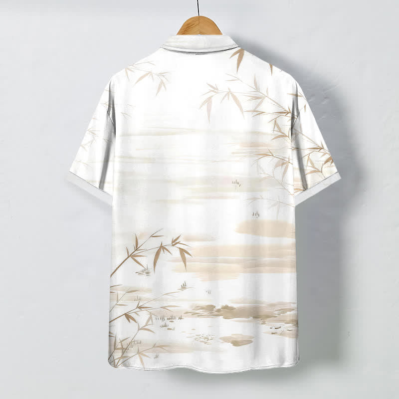 Nimara Ritual Bamboo Leaf Ink Landscape Pattern Buttons Wrinkle-resistant Men's Short Sleeve Shirt