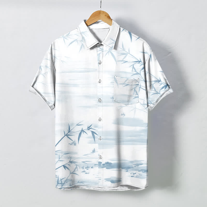 Nimara Ritual Bamboo Leaf Ink Landscape Pattern Buttons Wrinkle-resistant Men's Short Sleeve Shirt