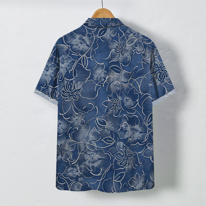 Nimara Ritual Indigo Floral Vine Pattern Buttons Wrinkle-resistant Men's Short Sleeve Shirt