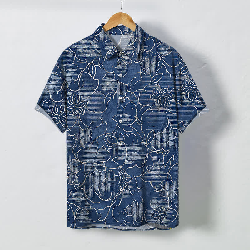 Nimara Ritual Indigo Floral Vine Pattern Buttons Wrinkle-resistant Men's Short Sleeve Shirt