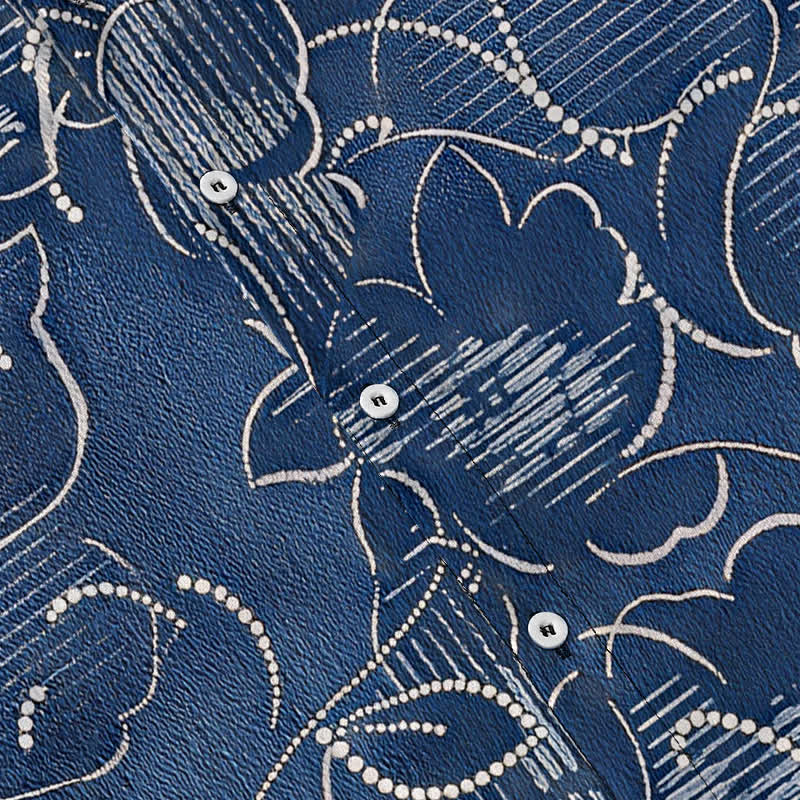 Nimara Ritual Indigo Floral Vine Pattern Buttons Wrinkle-resistant Men's Short Sleeve Shirt