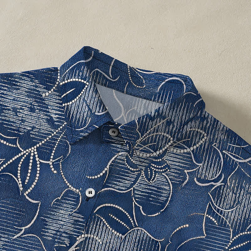 Nimara Ritual Indigo Floral Vine Pattern Buttons Wrinkle-resistant Men's Short Sleeve Shirt