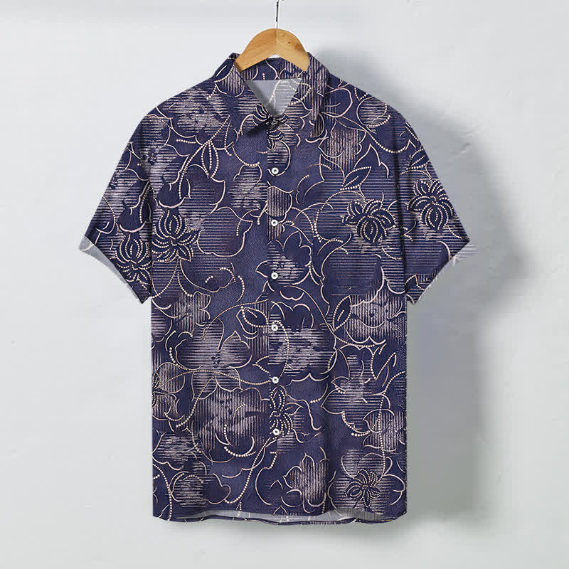 Nimara Ritual Indigo Floral Vine Pattern Buttons Wrinkle-resistant Men's Short Sleeve Shirt