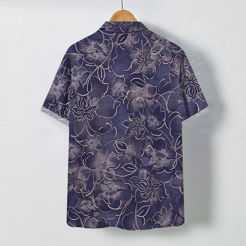 Nimara Ritual Indigo Floral Vine Pattern Buttons Wrinkle-resistant Men's Short Sleeve Shirt
