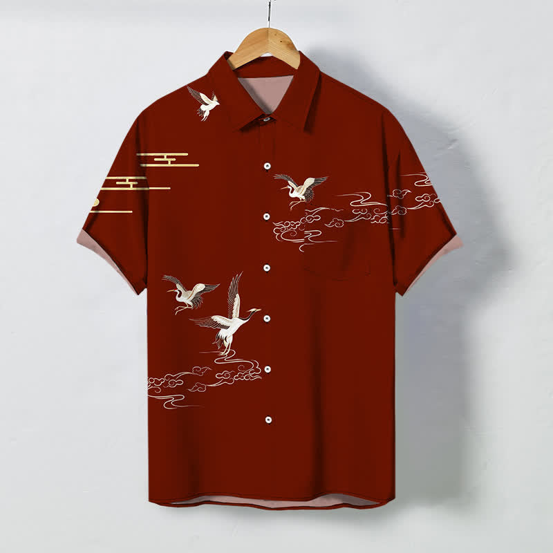 Nimara Ritual Crane Cloud Pattern Buttons Wrinkle-resistant Men's Short Sleeve Shirt