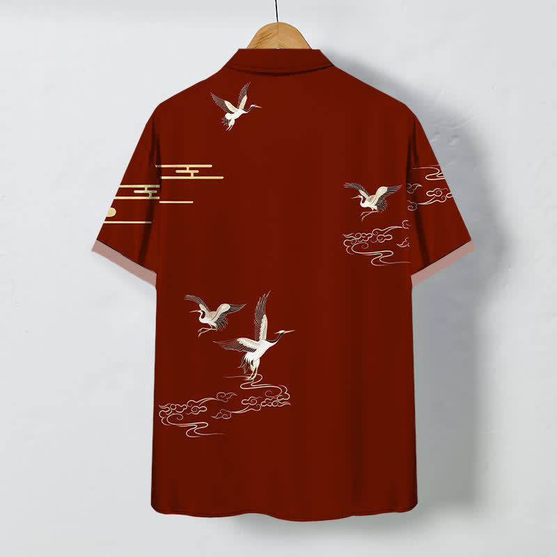 Nimara Ritual Crane Cloud Pattern Buttons Wrinkle-resistant Men's Short Sleeve Shirt