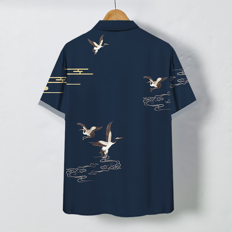 Nimara Ritual Crane Cloud Pattern Buttons Wrinkle-resistant Men's Short Sleeve Shirt