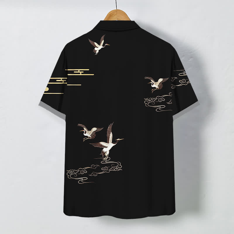 Nimara Ritual Crane Cloud Pattern Buttons Wrinkle-resistant Men's Short Sleeve Shirt