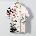 Nimara Ritual Ink Landscape Bamboo Blossom Sunset Pattern Buttons Breathable Men's Short Sleeve Shirt