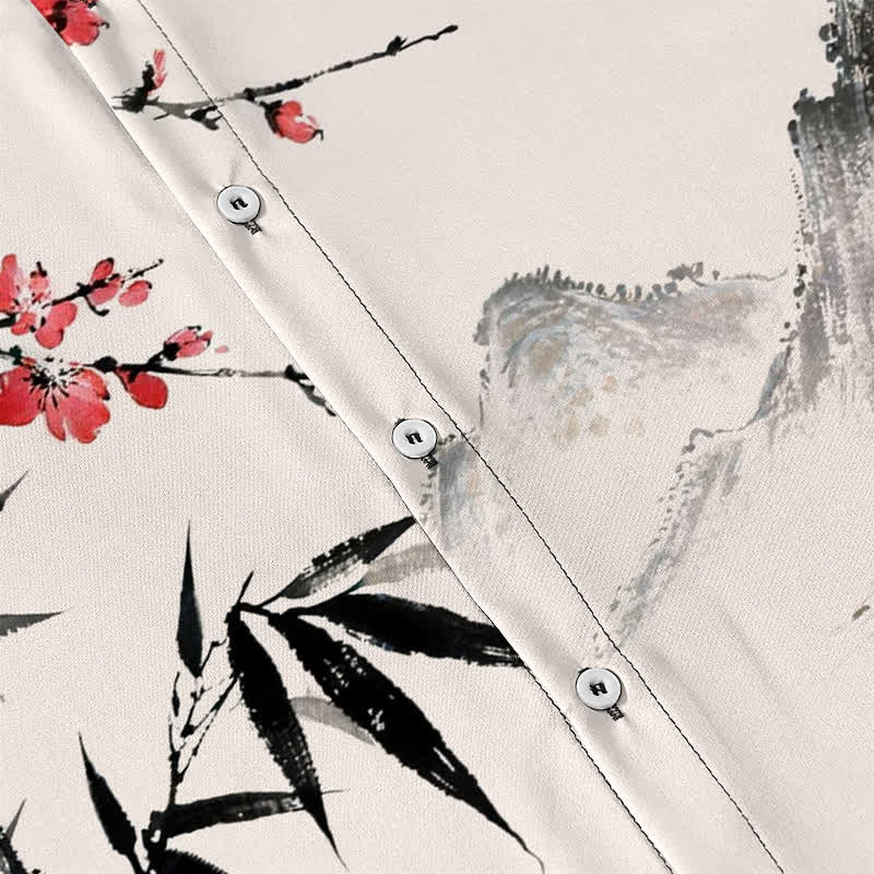 Nimara Ritual Ink Landscape Bamboo Blossom Sunset Pattern Buttons Breathable Men's Short Sleeve Shirt